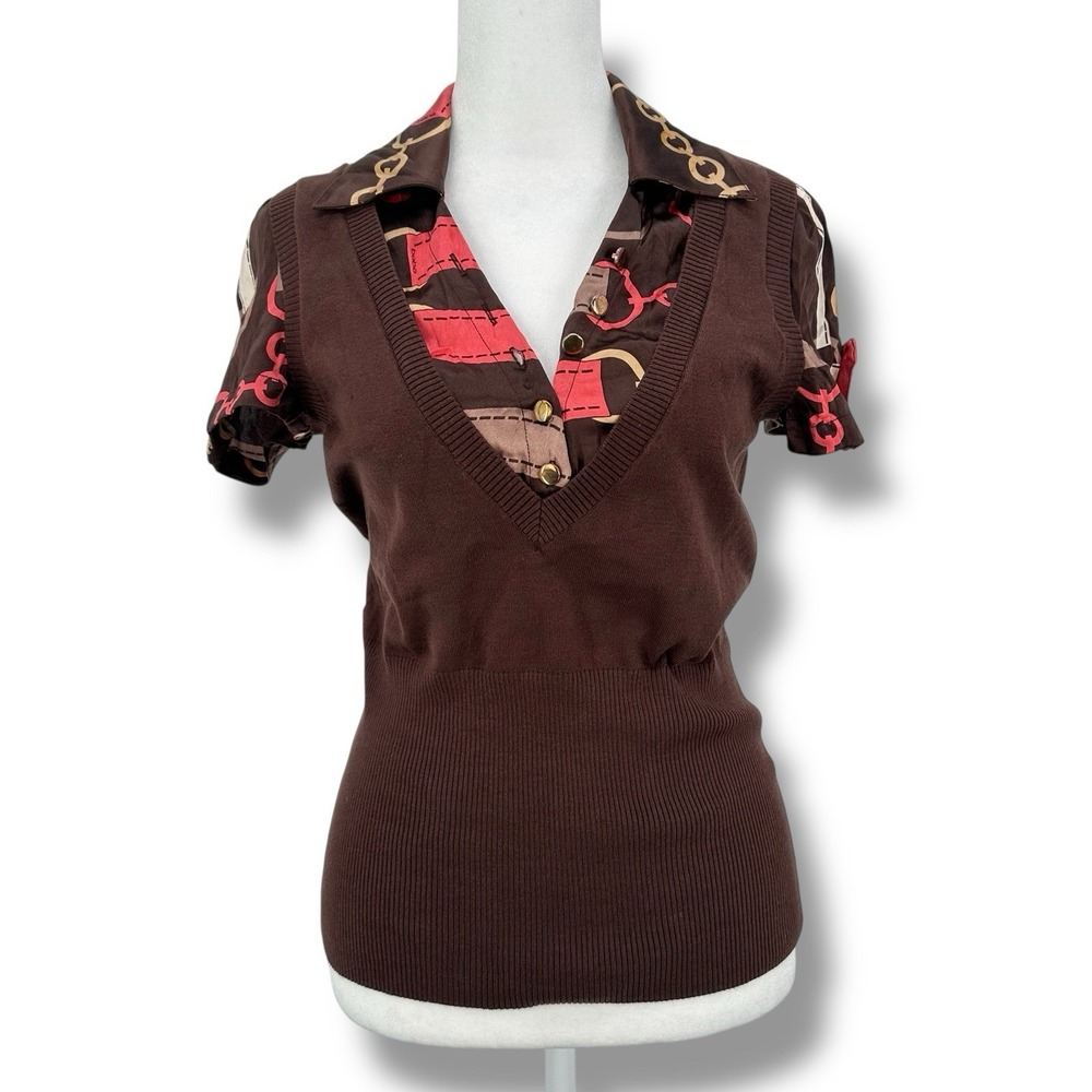 VTG Y2K Bebe Brown Layered Sweater Vest Top M Preppy Corporate Glam Office Siren